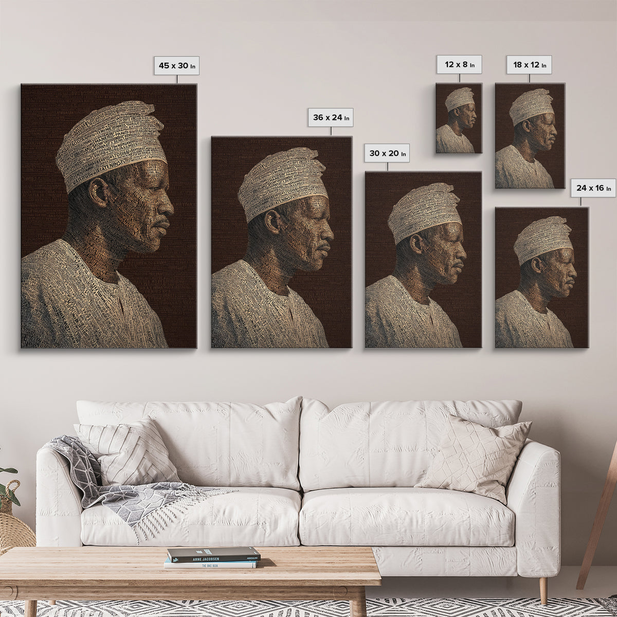 Sepia African Man Profile In Text Canvas Print, Black Man Artful Portrait, African American Art, Cultural Wall Decor Gift