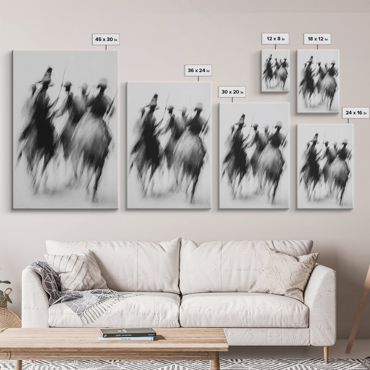 Blurred African Warriors Framed Canvas Print, Tribal Horsemen Wall Decor, Black And White Safari Art, Cultural Home Gift