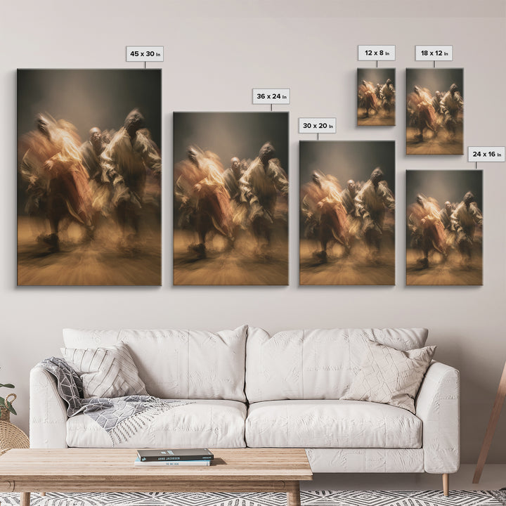 Golden African Dancers Framed Canvas Print, Expressive Motion Painting, Afrocentric Cultural Wall Decor, Dramatic Home Gift