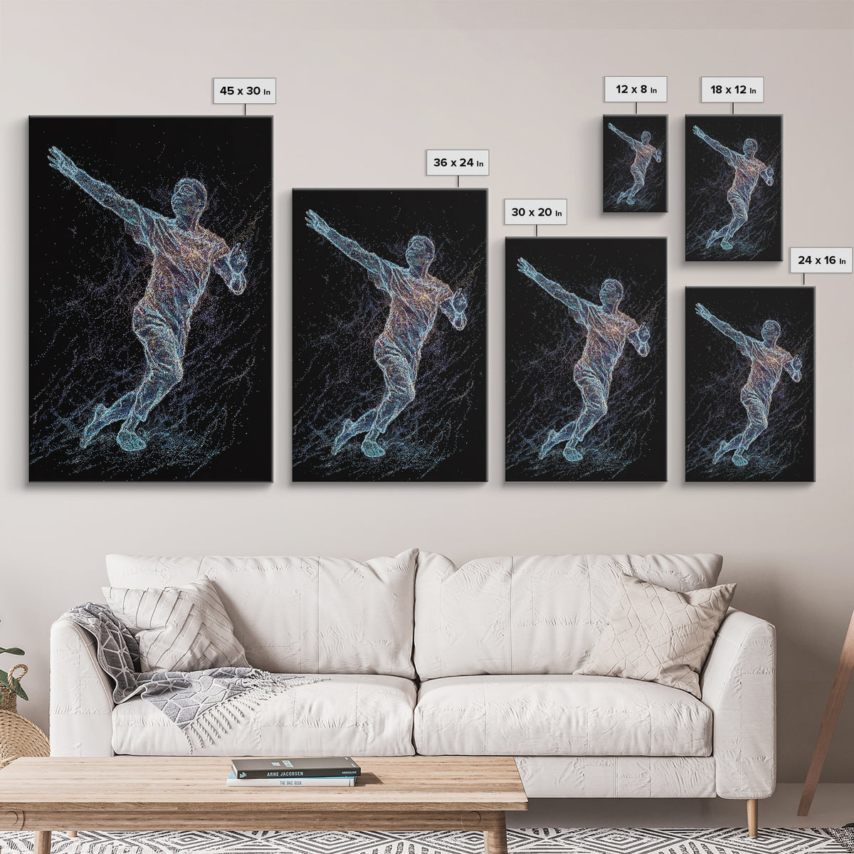 Glowing Soccer Player In Motion, Black Wall Art, Modern Canvas Print, Athletic Sports Decor, Futuristic Digital Art Gift