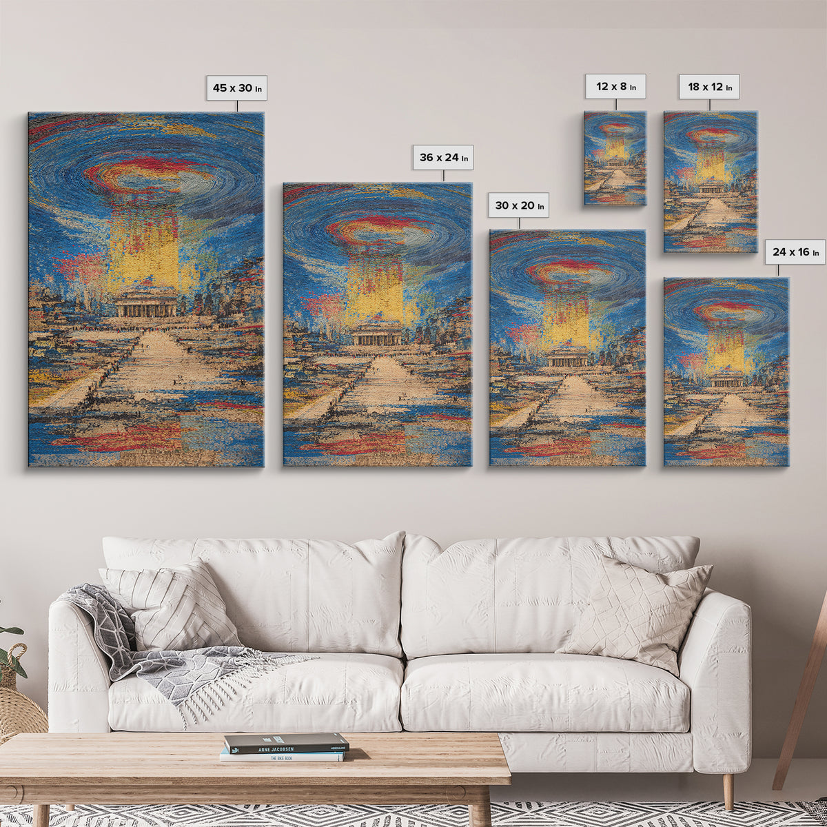 Monument Under Cosmic Portal, Modern Wall Art, Framed Canvas Print, Cityscape Home Decor, Sci Fi Abstract Statement Gift