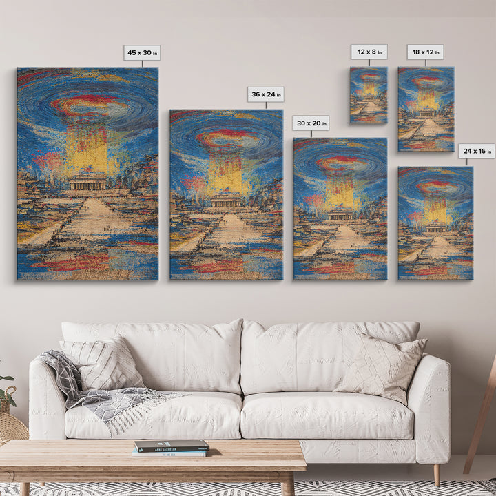 Monument Under Cosmic Portal, Modern Wall Art, Framed Canvas Print, Cityscape Home Decor, Sci Fi Abstract Statement Gift