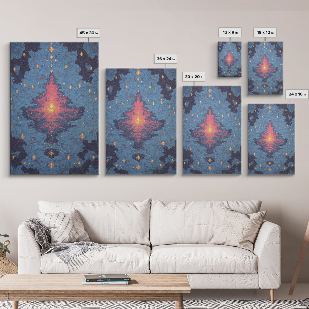 Blue Pink Glowing Mandala Reflection, Abstract Wall Art, Modern Canvas Print, Spiritual Meditation Room Decor, Colorful Gift