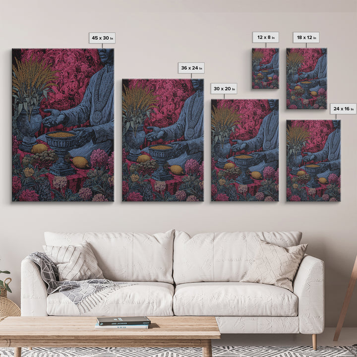Floral Ritual Still Life With Reaching Hand, Cultural Wall Art, Framed Canvas Print, Afrocentric Ceremony Home Decor Gift