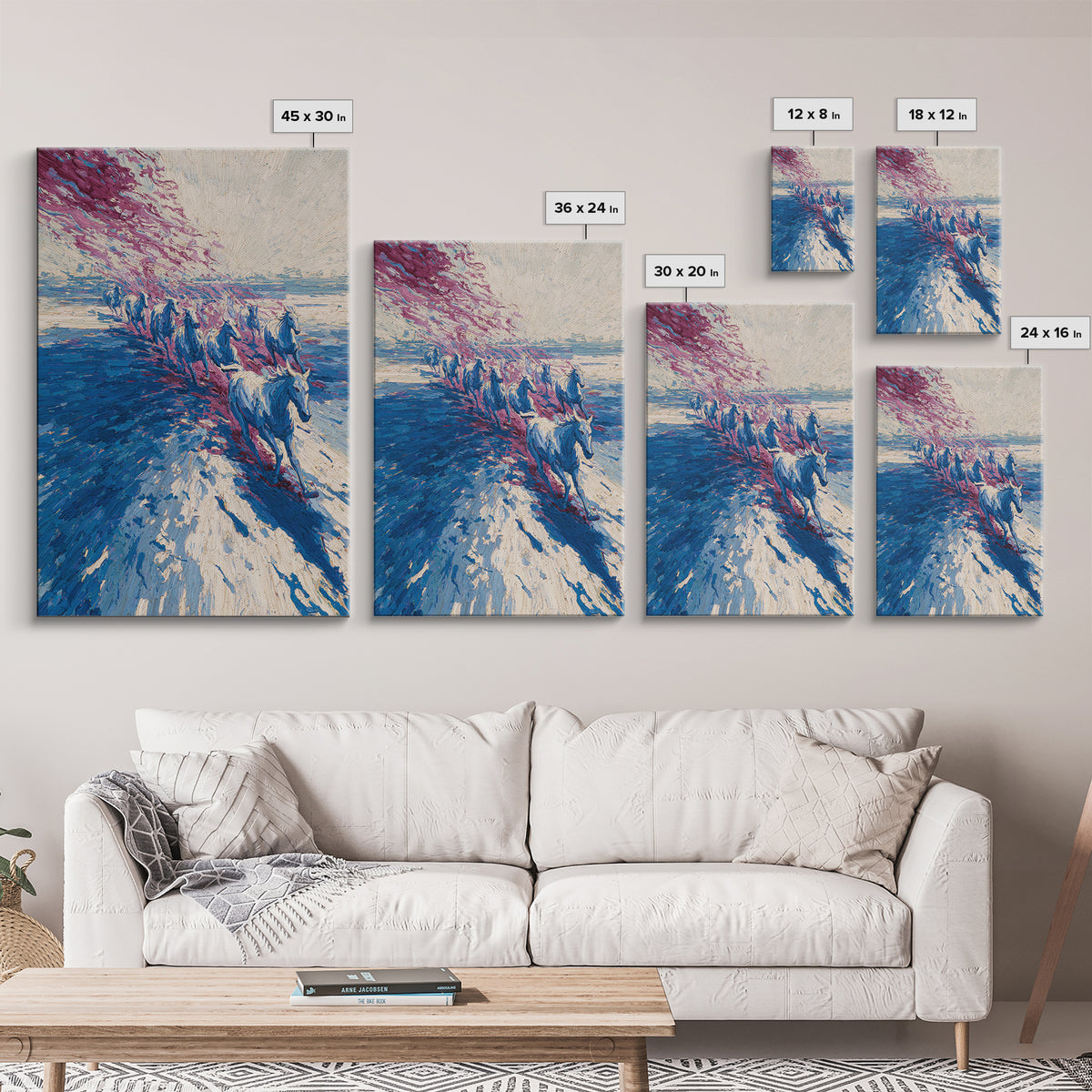 Blue Horses Running On Beach Wall Art, Abstract Coastal Canvas, Wild Horse Painting, Modern Living Room Decor Statement Gift
