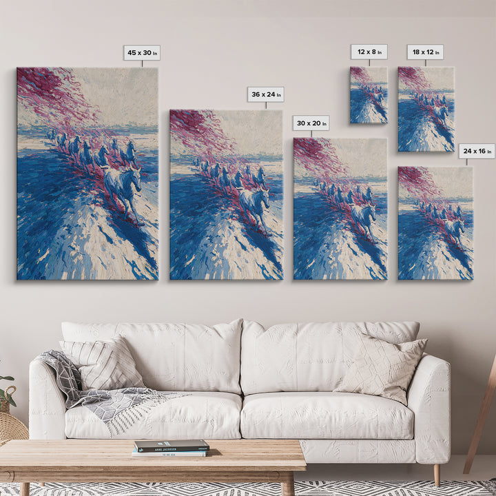 Blue Horses Running On Beach Wall Art, Abstract Coastal Canvas, Wild Horse Painting, Modern Living Room Decor Statement Gift