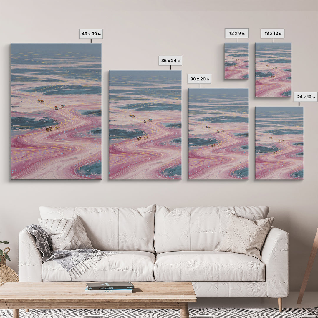 Pastel Desert Caravan Trails Canvas Print, Surreal Landscape Wall Decor, Dreamy Abstract Art For Unique Modern Home Decor