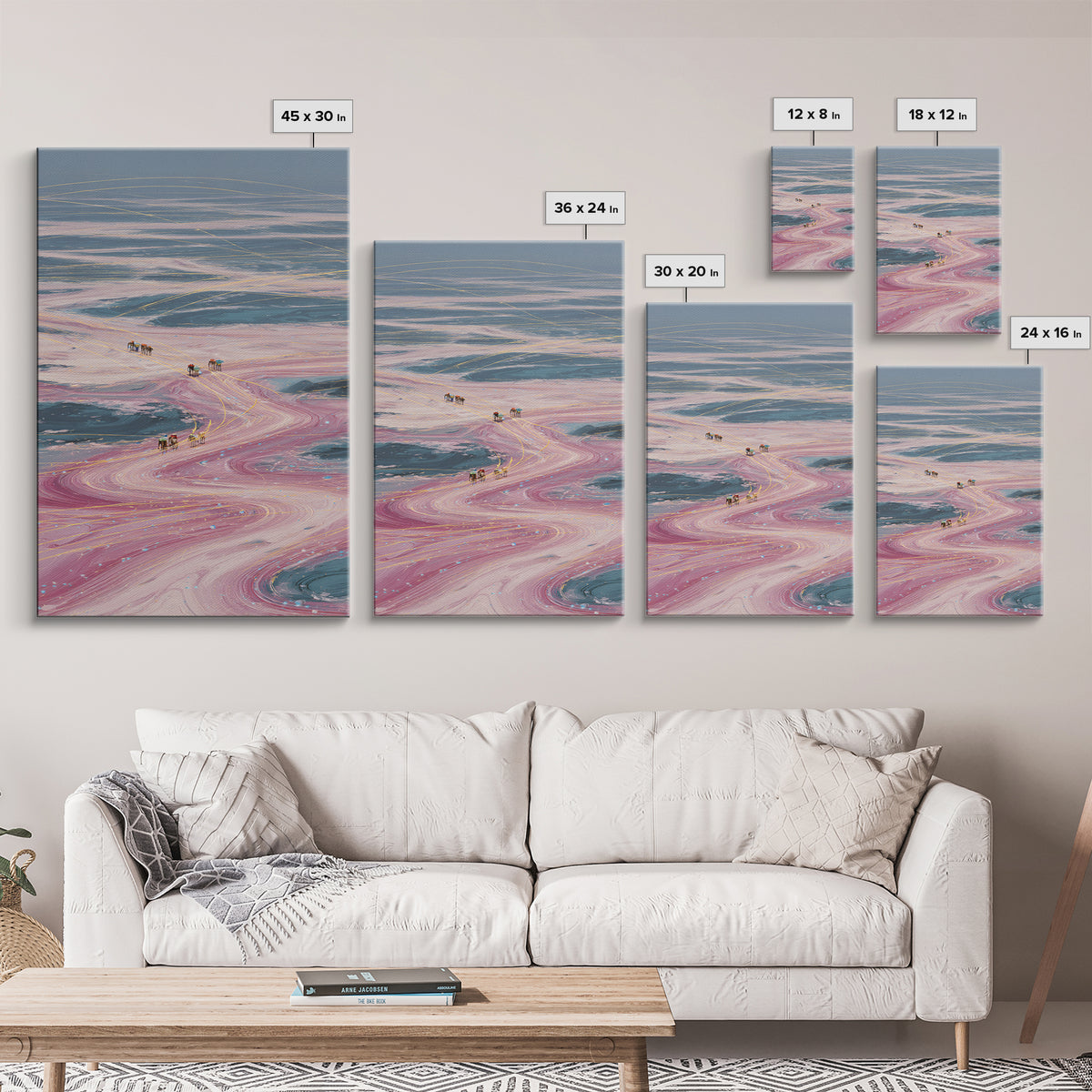 Pastel Desert Caravan Trails Canvas Print, Surreal Landscape Wall Decor, Dreamy Abstract Art For Unique Modern Home Decor