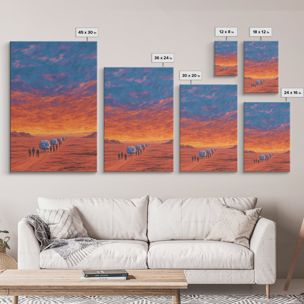 Futuristic Desert Convoy At Sunset Wall Art, Orange Sci Fi Landscape, Mars Travel Poster, Modern Canvas Statement Decor Gift