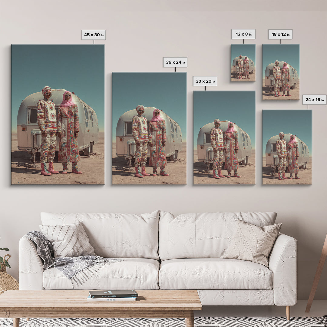Afrofuturist Desert Couple Framed Canvas Print, African Fashion Portrait, Unique Camper Travel Wall Decor, Black Art Gift