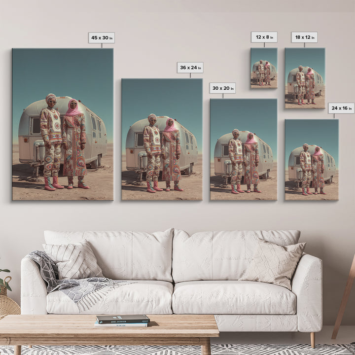 Afrofuturist Desert Couple Framed Canvas Print, African Fashion Portrait, Unique Camper Travel Wall Decor, Black Art Gift