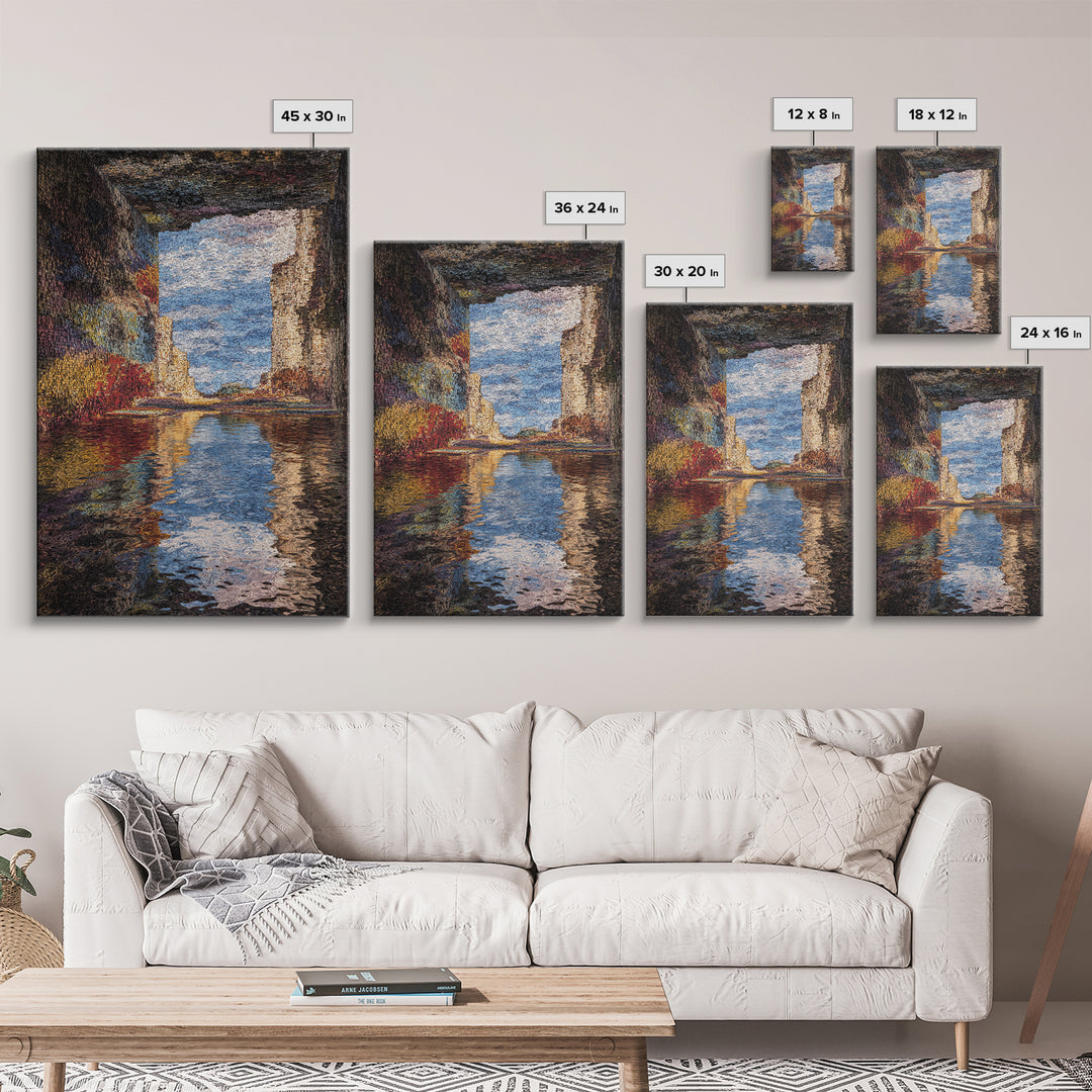 Ocean Cave Reflection Wall Art, Impressionist Seascape Painting, Coastal Landscape Canvas, Nature Scene Living Room Decor