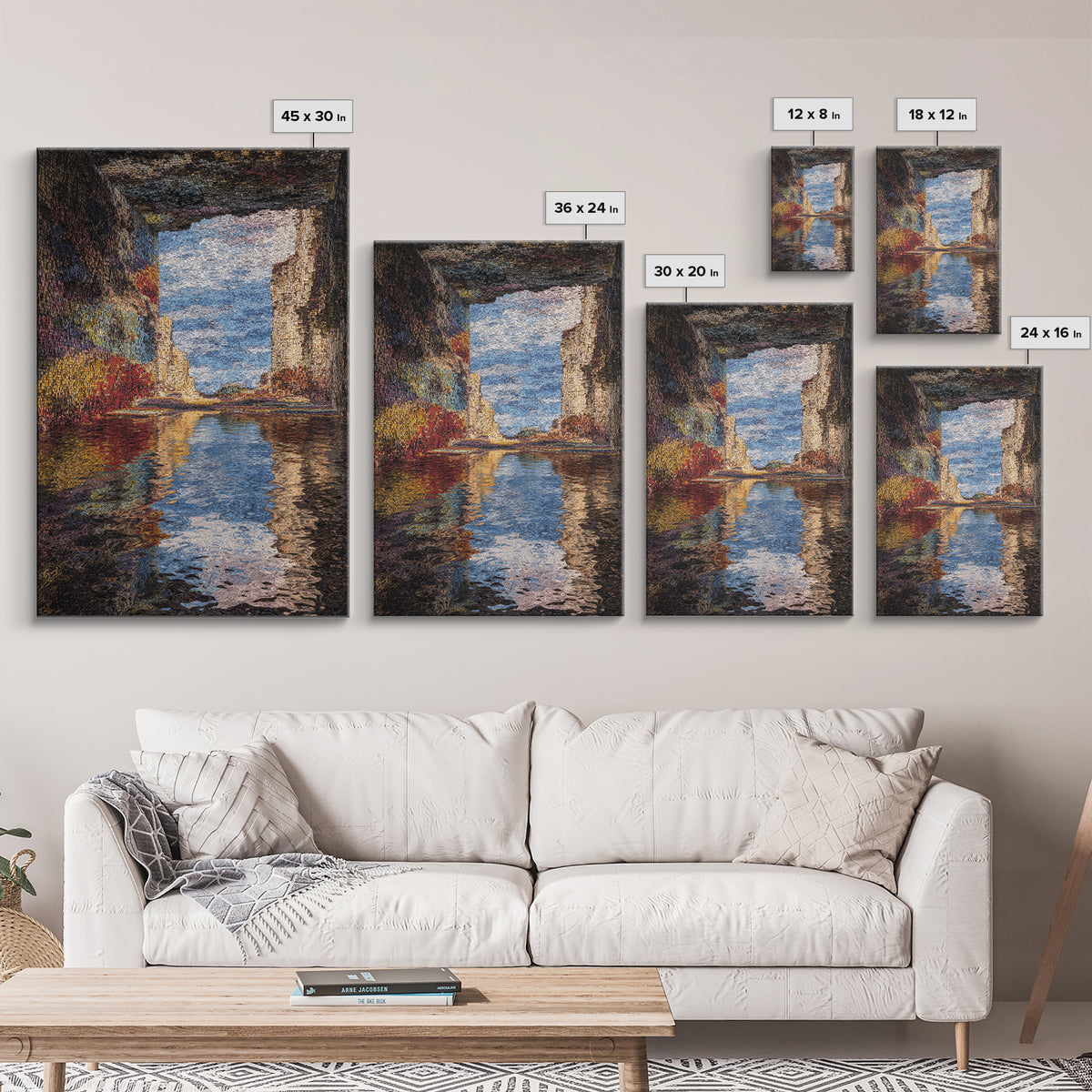 Ocean Cave Reflection Wall Art, Impressionist Seascape Painting, Coastal Landscape Canvas, Nature Scene Living Room Decor
