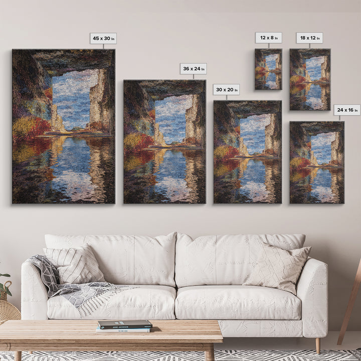 Ocean Cave Reflection Wall Art, Impressionist Seascape Painting, Coastal Landscape Canvas, Nature Scene Living Room Decor
