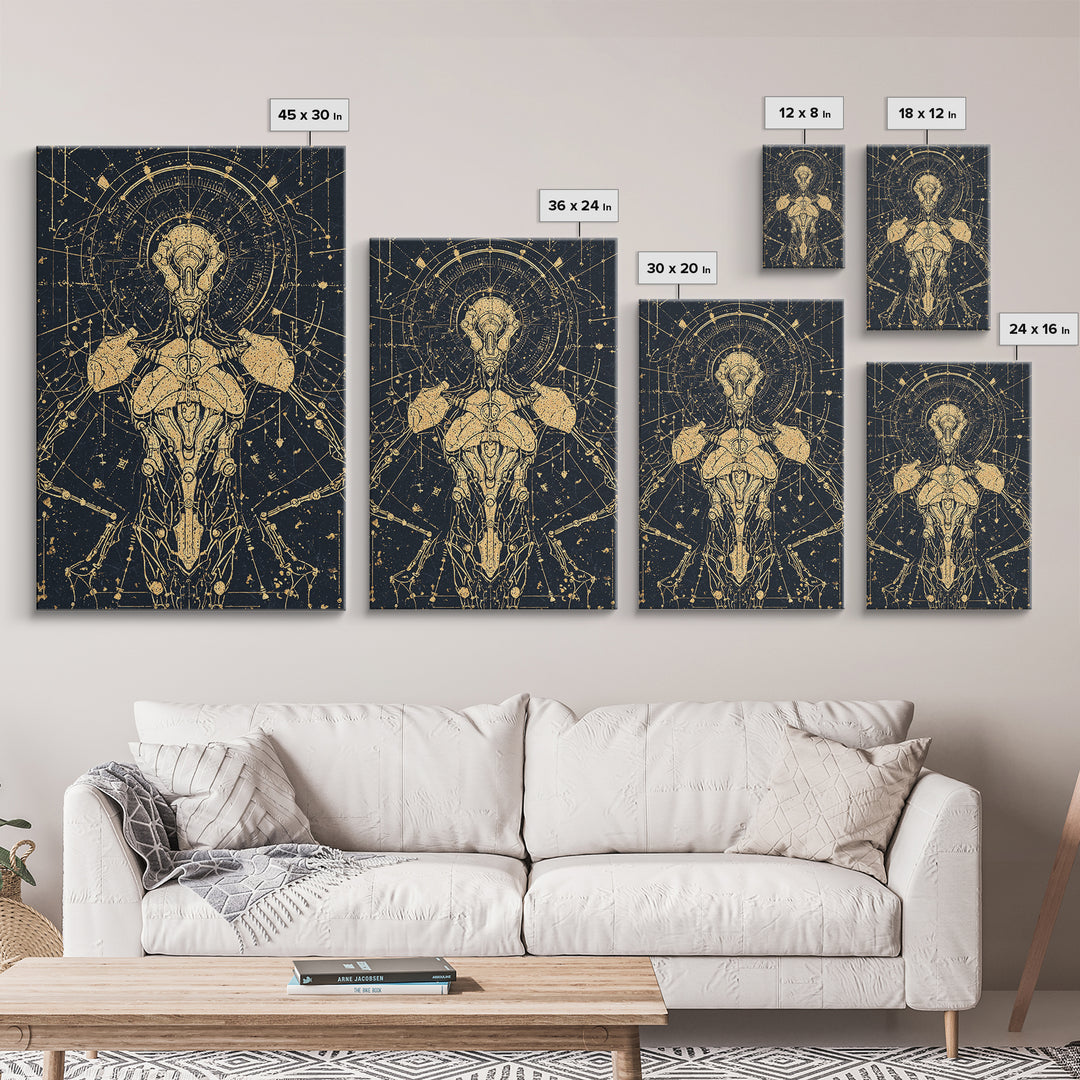 Gold Celestial Cyborg Blueprint Canvas Print, Afrofuturism Wall Decor, Sacred Geometry Robot Art, Modern Black And Gold Decor