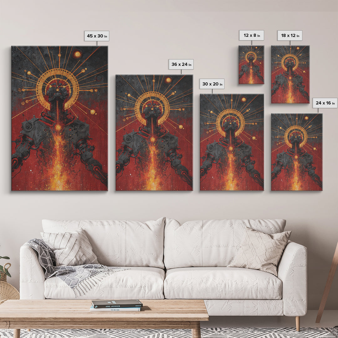 Black Android With Golden Halo Framed Canvas Print, Afrofuturism Wall Art, Red Fire Robot Portrait, Spiritual Decor Gift