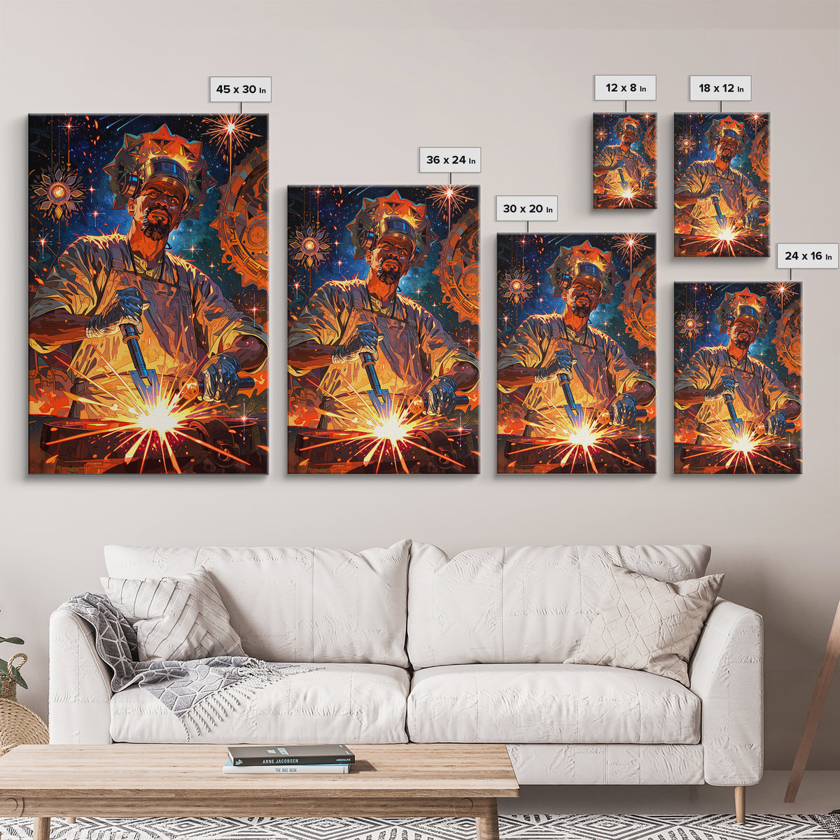 Regal Black Welder Forging Sparks Wall Art, Afrocentric Industrial Portrait, Black Man Art, Modern African Art Decor Gift
