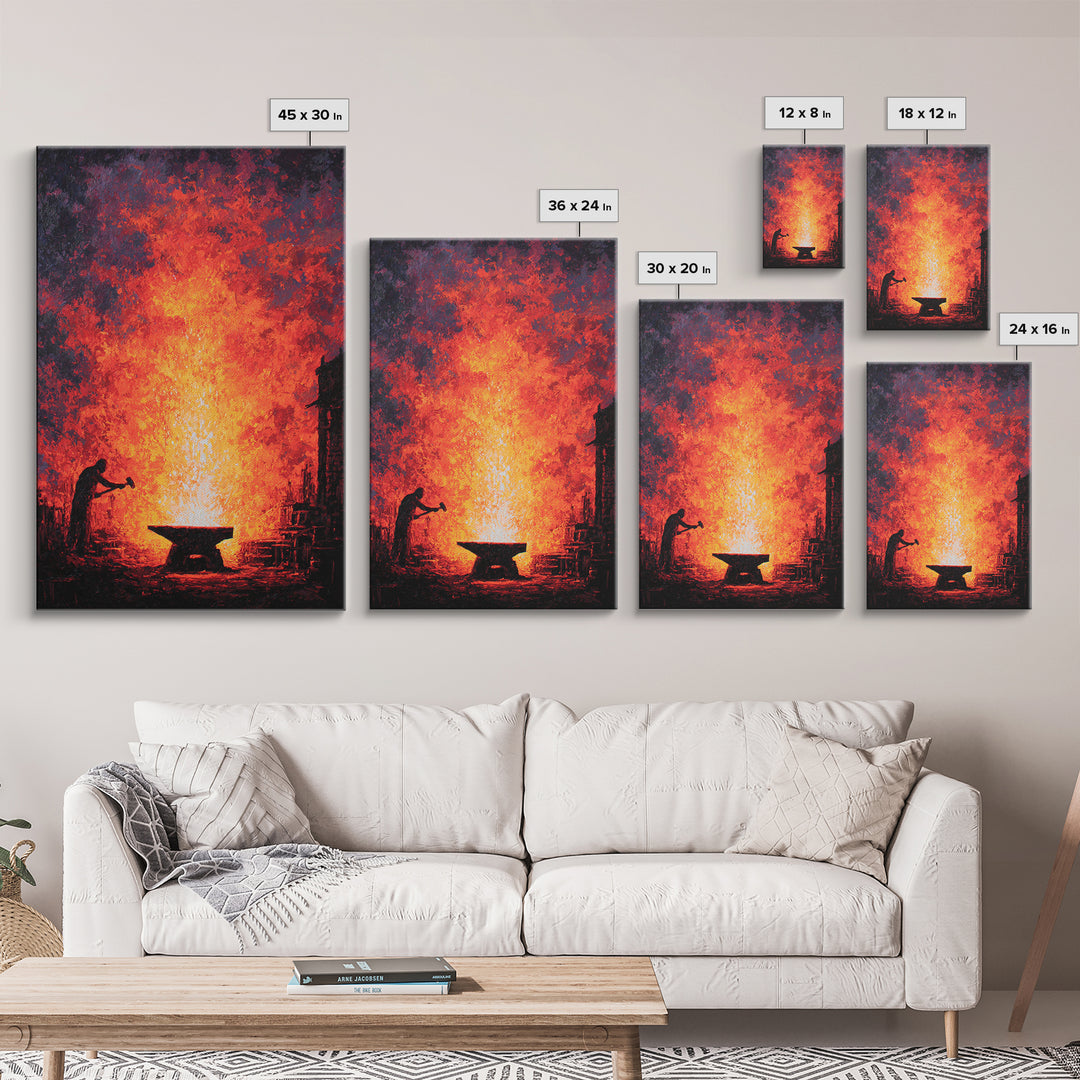 Lone Blacksmith Before Blazing Forge Wall Art, Fiery African Inspired Painting, Rustic Industrial Home Decor Gift For Him