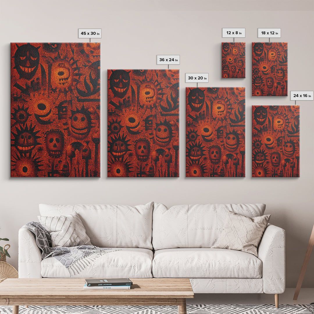 Orange African Mask Pattern Canvas Print, Tribal Symbols Abstract Wall Decor, Afrocentric Art, Cultural Home Decor Gift Idea