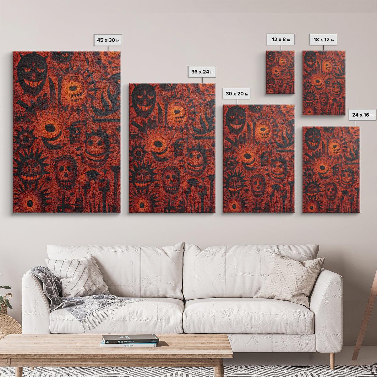 Orange African Mask Pattern Canvas Print, Tribal Symbols Abstract Wall Decor, Afrocentric Art, Cultural Home Decor Gift Idea