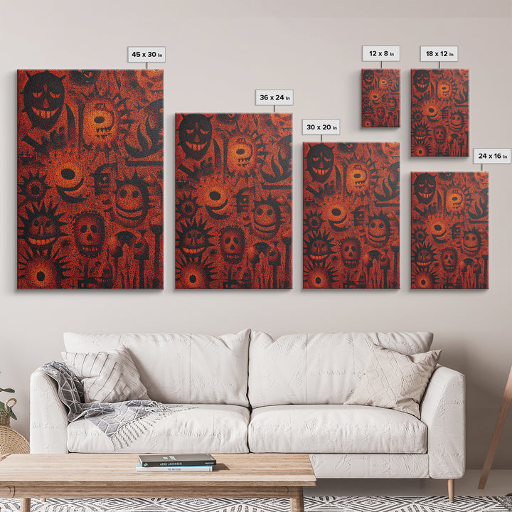 Orange African Mask Pattern Canvas Print, Tribal Symbols Abstract Wall Decor, Afrocentric Art, Cultural Home Decor Gift Idea