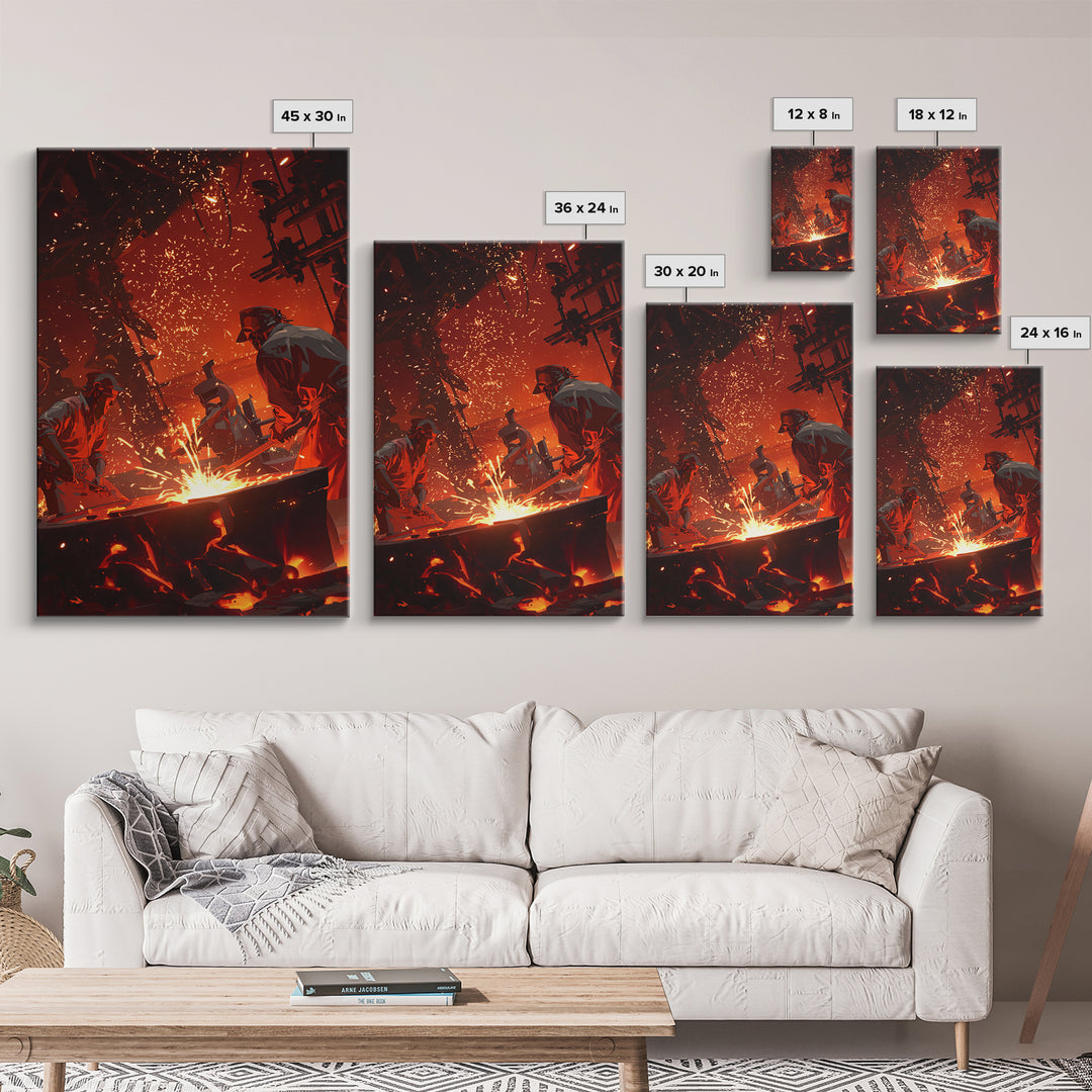 Two Foundry Workers Amid Sparks Framed Canvas Print, Fiery Industrial Wall Art, African Inspired Workshop Decor For Him Gift