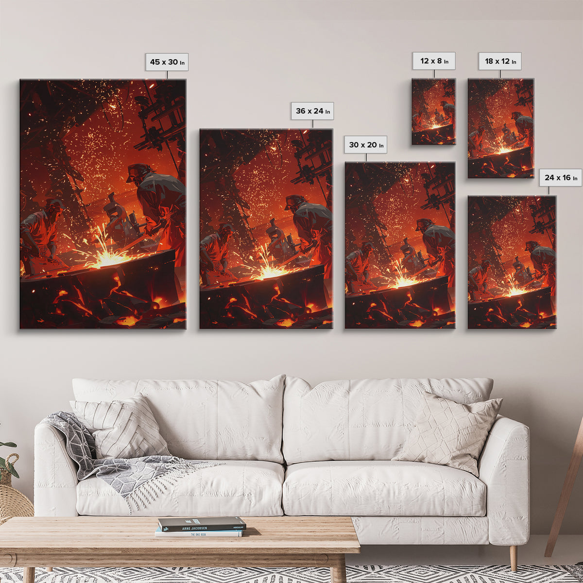 Two Foundry Workers Amid Sparks Framed Canvas Print, Fiery Industrial Wall Art, African Inspired Workshop Decor For Him Gift