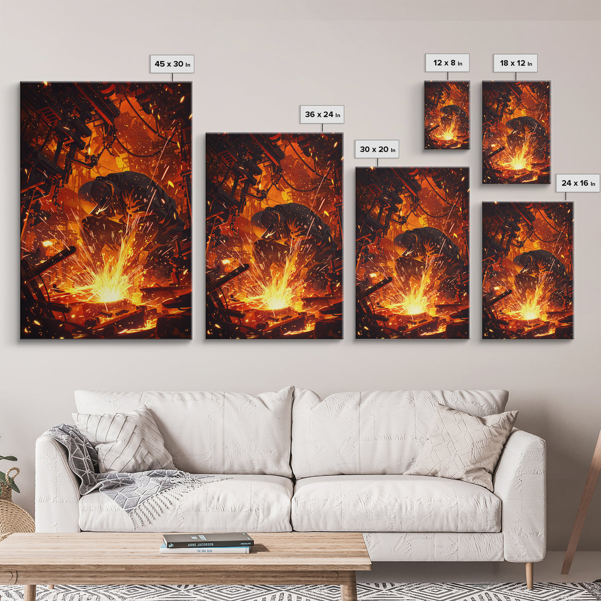 Crouching Welder In Fiery Workshop Canvas Print, Industrial Black Art, Orange Sparks Wall Decor, Unique Home Decor Gift Idea