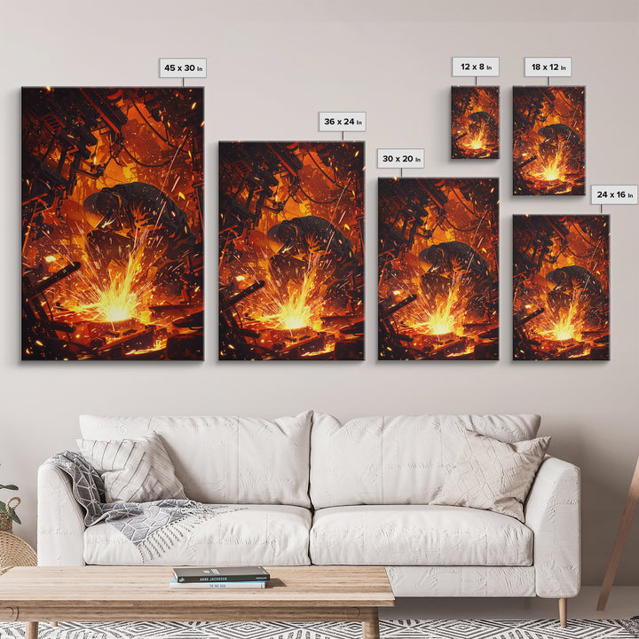 Crouching Welder In Fiery Workshop Canvas Print, Industrial Black Art, Orange Sparks Wall Decor, Unique Home Decor Gift Idea