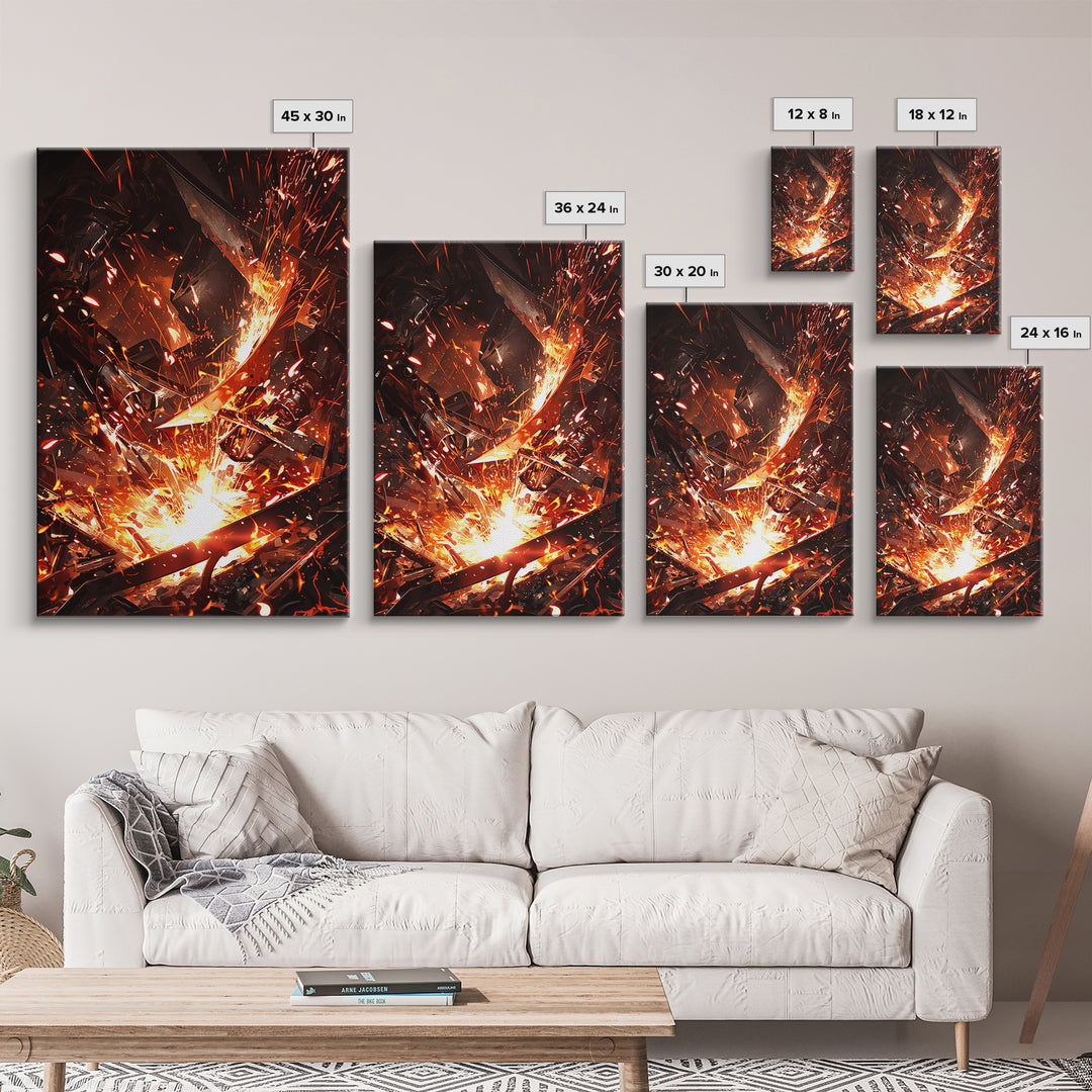Close Up Welding Sparks And Metal Framed Canvas Print, Dark Industrial Wall Art, Blacksmith Workshop Home Decor Gift For Him