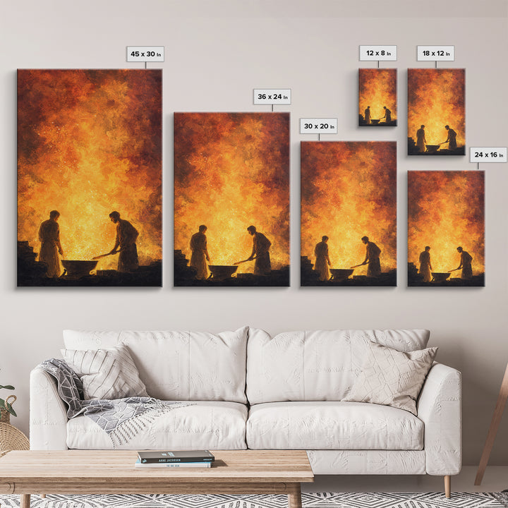 Two Blacksmiths Tending Glowing Forge Wall Art, Fiery African Inspired Painting, Rustic Workshop Home Decor Gift For Him