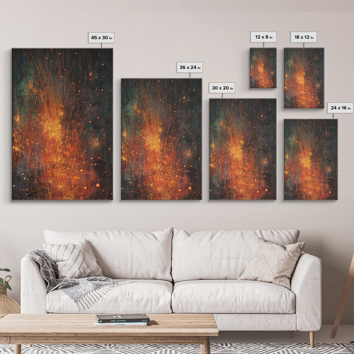 Abstract Fire Sparks Texture Canvas Print, Orange Black Industrial Wall Art, Modern Abstract Art, Unique Home Decor Gift