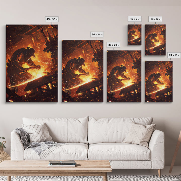 Blacksmith Hammering Hot Steel Framed Canvas Print, Fiery Industrial Wall Art, African Inspired Workshop Decor Gift For Him