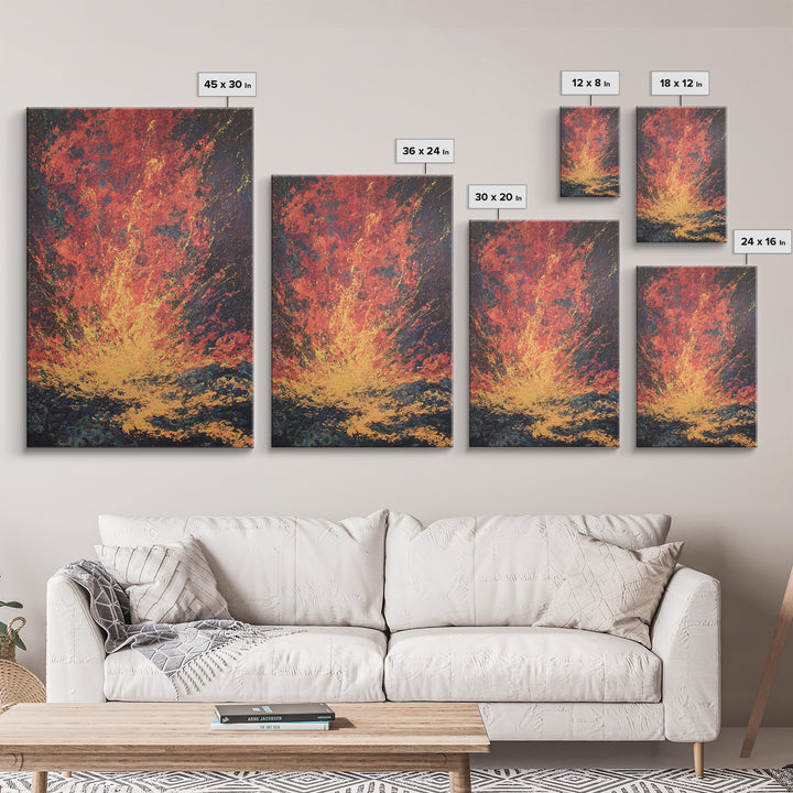 Fiery Lava Eruption Abstract Wall Art, Red Orange Volcano Painting, Bold Modern Canvas Decor, Dramatic Statement Print Gift