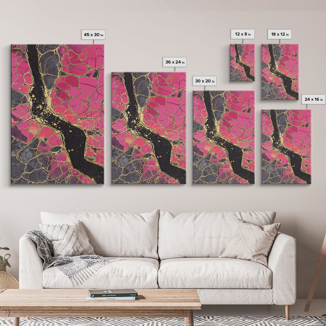 Pink Gold Kintsugi Abstract Wall Art, Cracked Stone Texture Painting, Modern Geometric Decor, Bold Contemporary Canvas Print