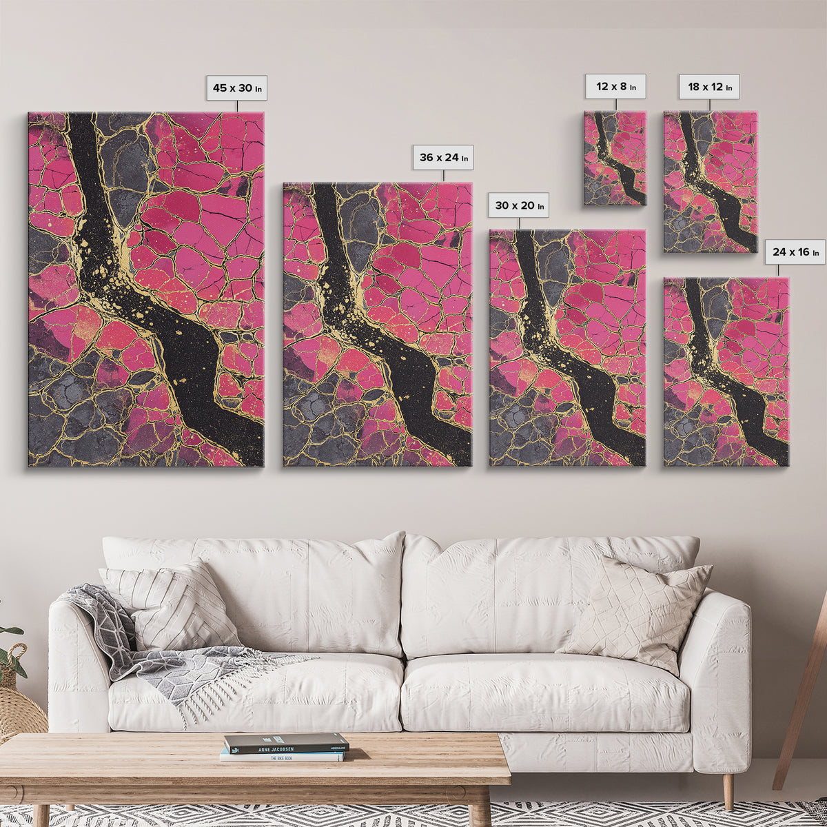 Pink Gold Kintsugi Abstract Wall Art, Cracked Stone Texture Painting, Modern Geometric Decor, Bold Contemporary Canvas Print