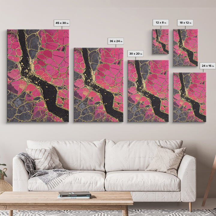 Pink Gold Kintsugi Abstract Wall Art, Cracked Stone Texture Painting, Modern Geometric Decor, Bold Contemporary Canvas Print