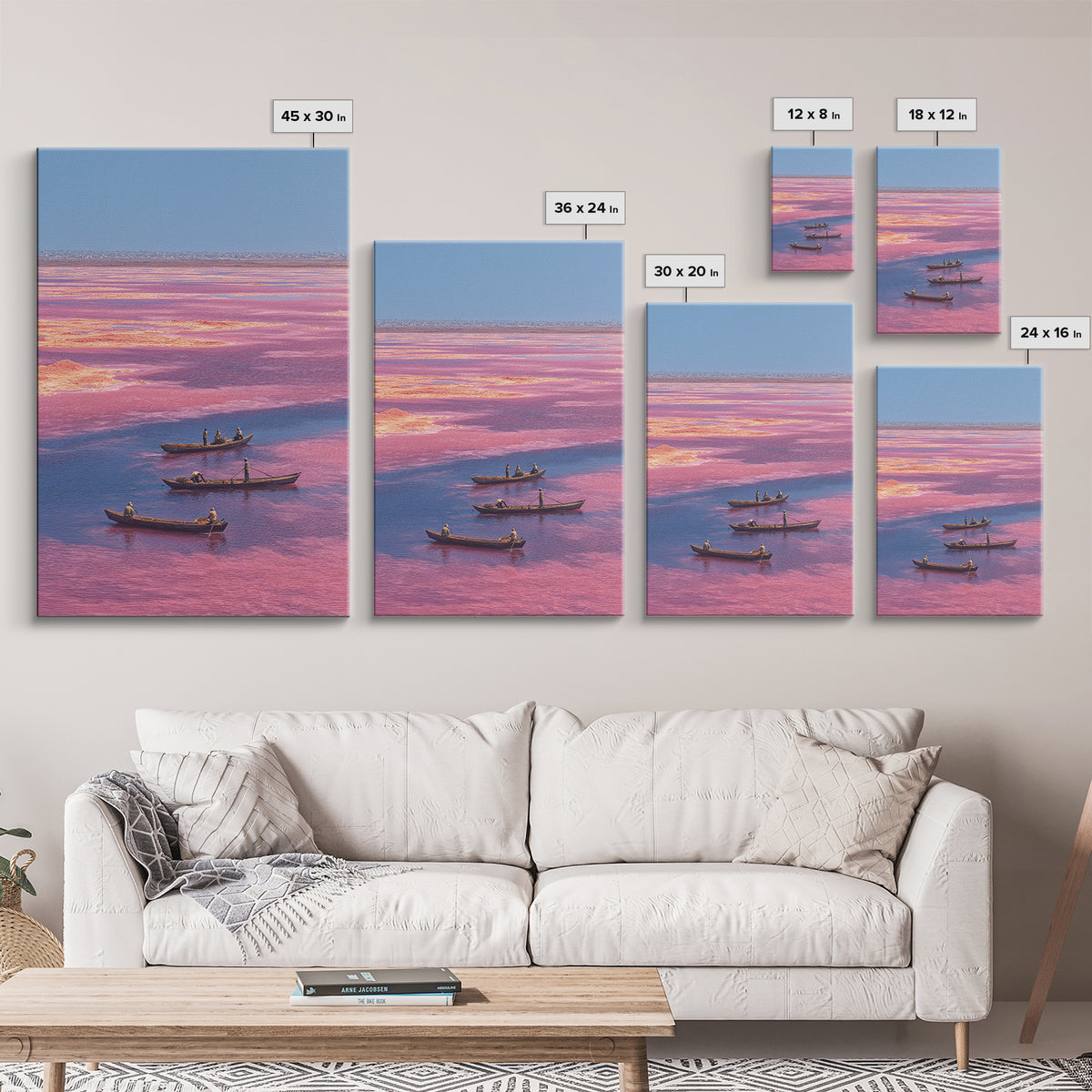 Pink Lake Boats African Landscape Wall Art, Senegal Salt Flats Canvas Print, Travel Decor, Serene Coastal Unique Artwork Gift