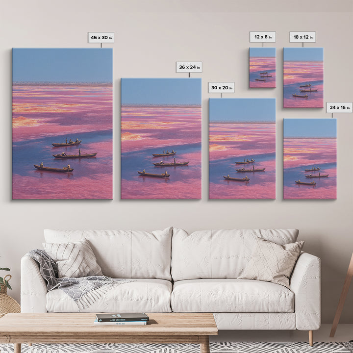 Pink Lake Boats African Landscape Wall Art, Senegal Salt Flats Canvas Print, Travel Decor, Serene Coastal Unique Artwork Gift