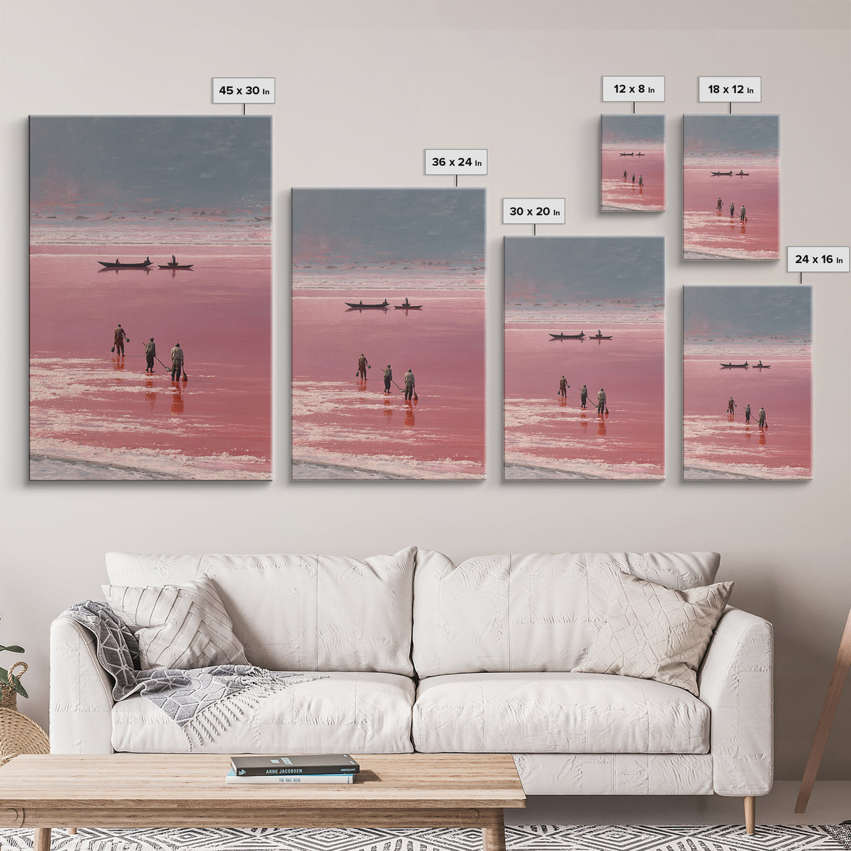 Rose Salt Lake Workers Canvas Print, African Landscape Wall Art, Pink Water Boats, Travel Poster, Serene Home Decor Gift
