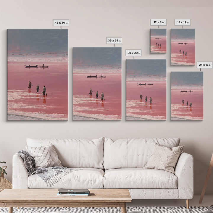 Rose Salt Lake Workers Canvas Print, African Landscape Wall Art, Pink Water Boats, Travel Poster, Serene Home Decor Gift