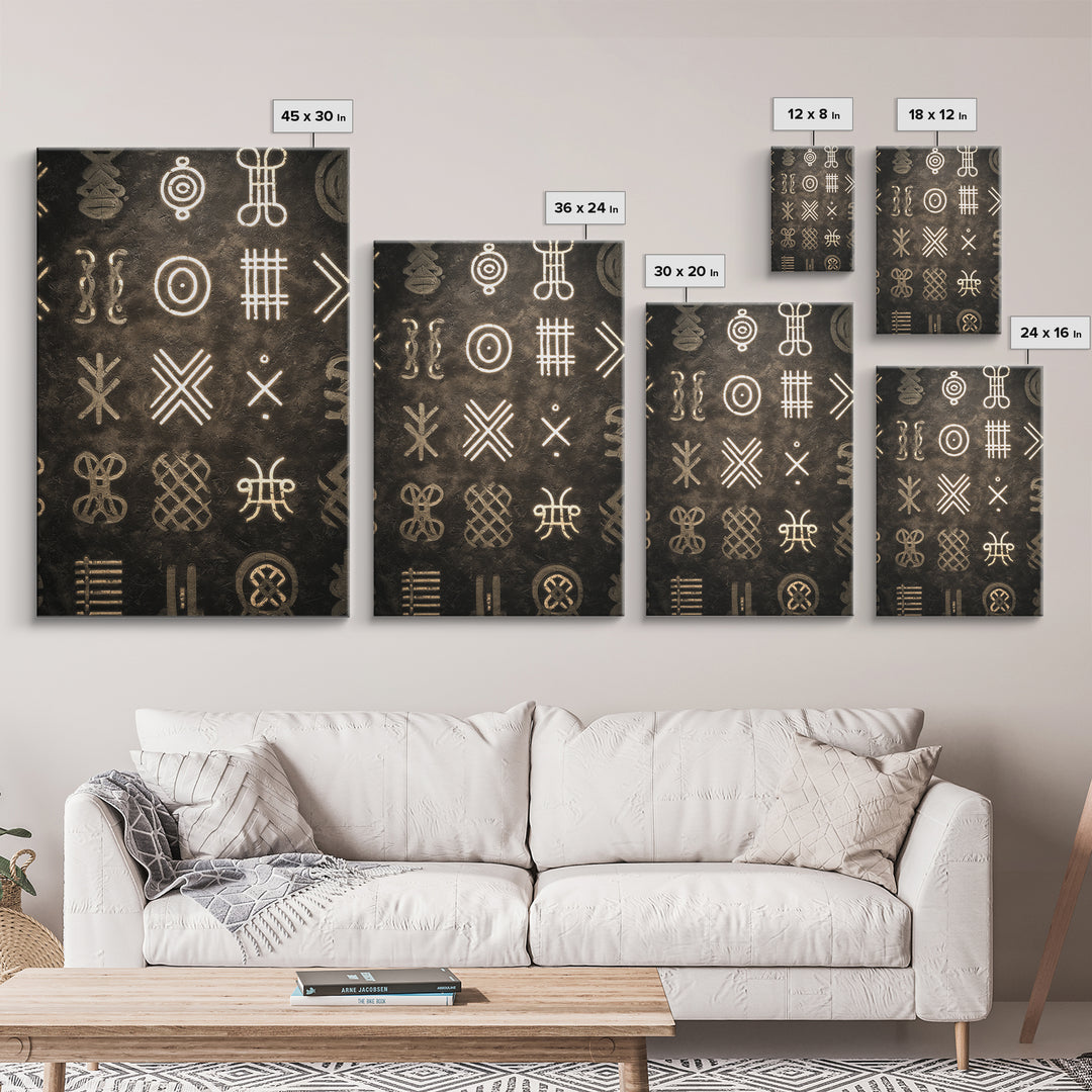 African Tribal Symbols Wall Art, Black And Gold Pattern Canvas Print, Mud Cloth Inspired Decor, Cultural Geometric Poster