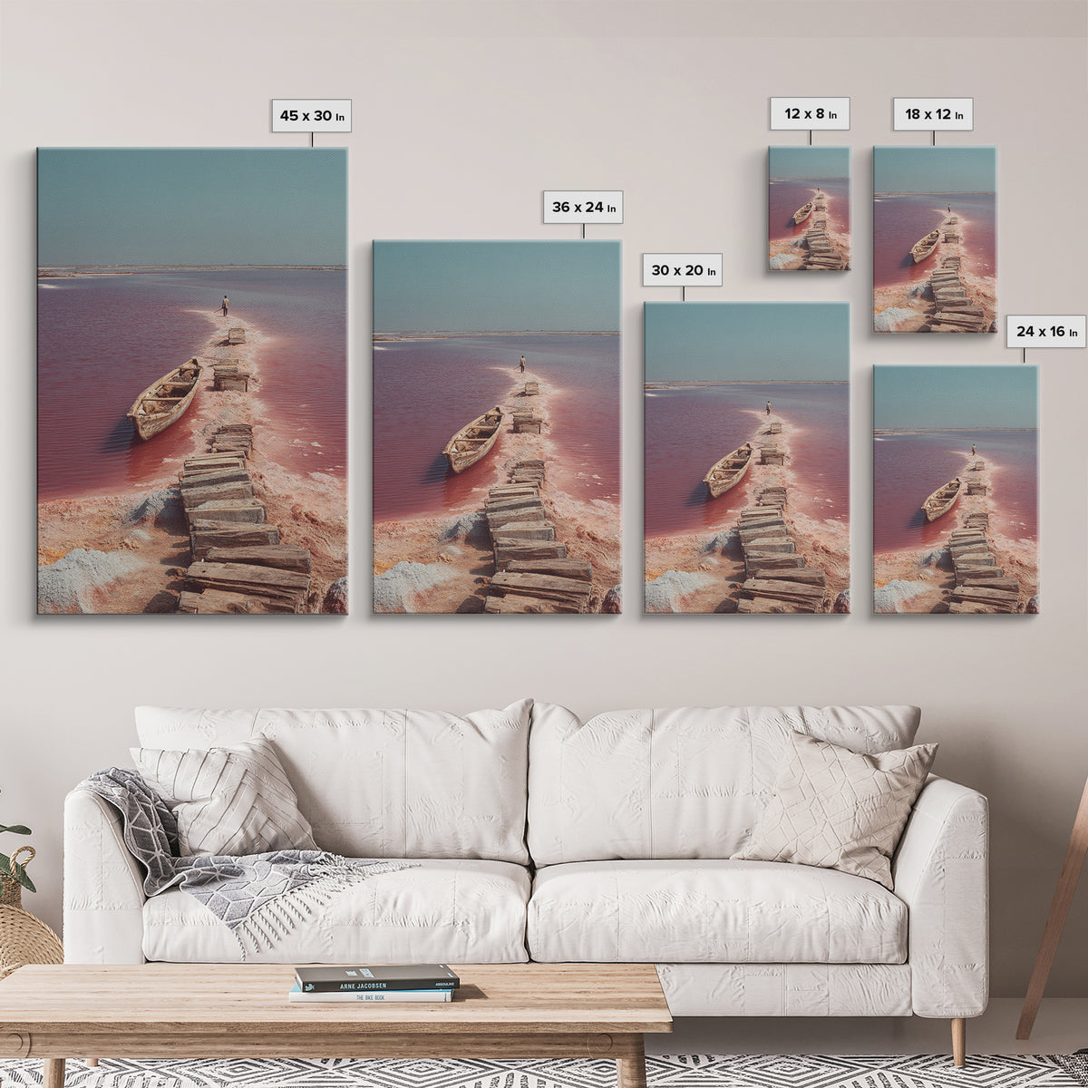 Wooden Path Through Pink Salt Lake Wall Art, African Landscape Canvas Print, Boat Travel Decor, Minimalist Coastal Art Gift