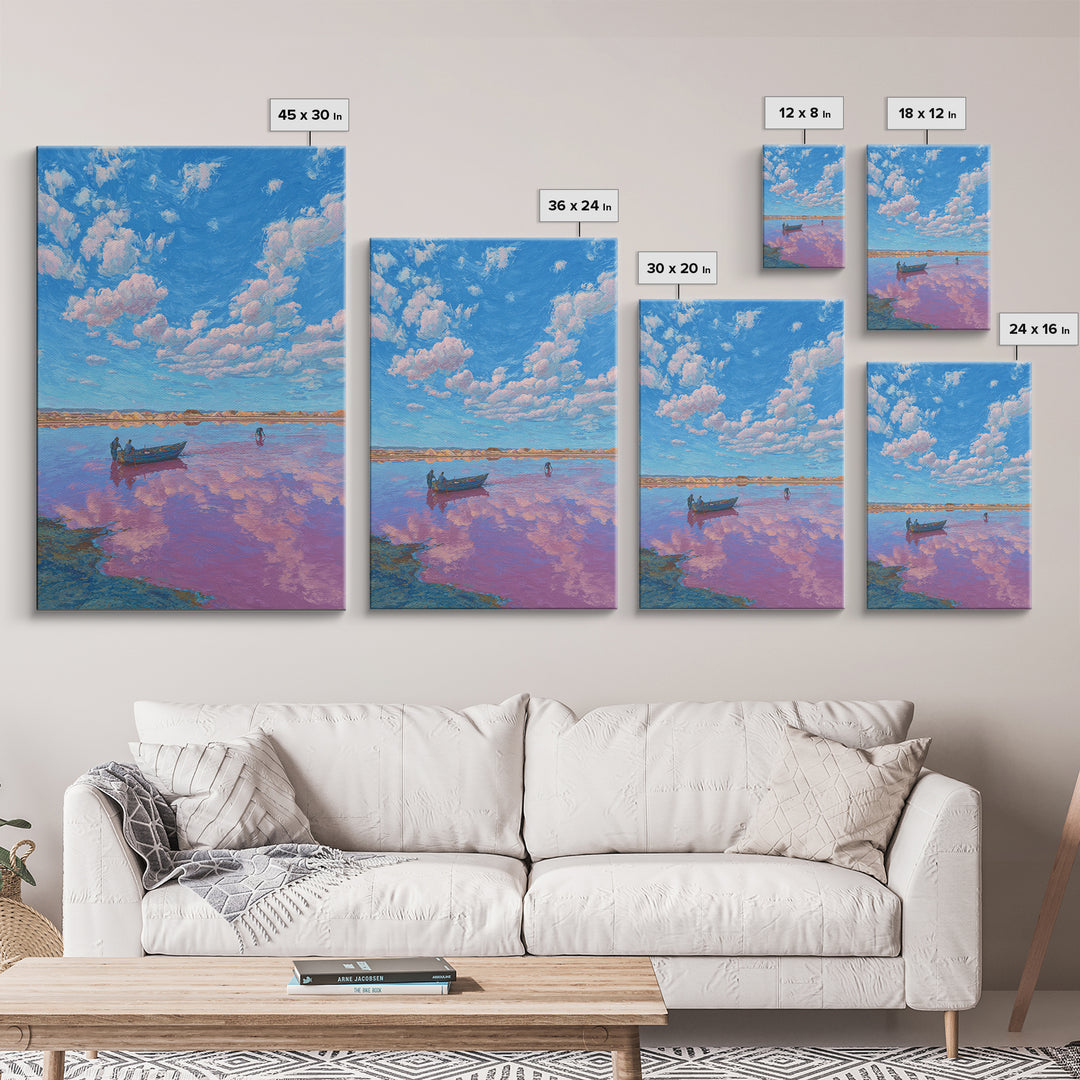 Blue Sky Pink Lake Canvas Print, African Landscape Wall Art, Boat Scene Travel Poster, Dreamy Nature Decor For Living Room