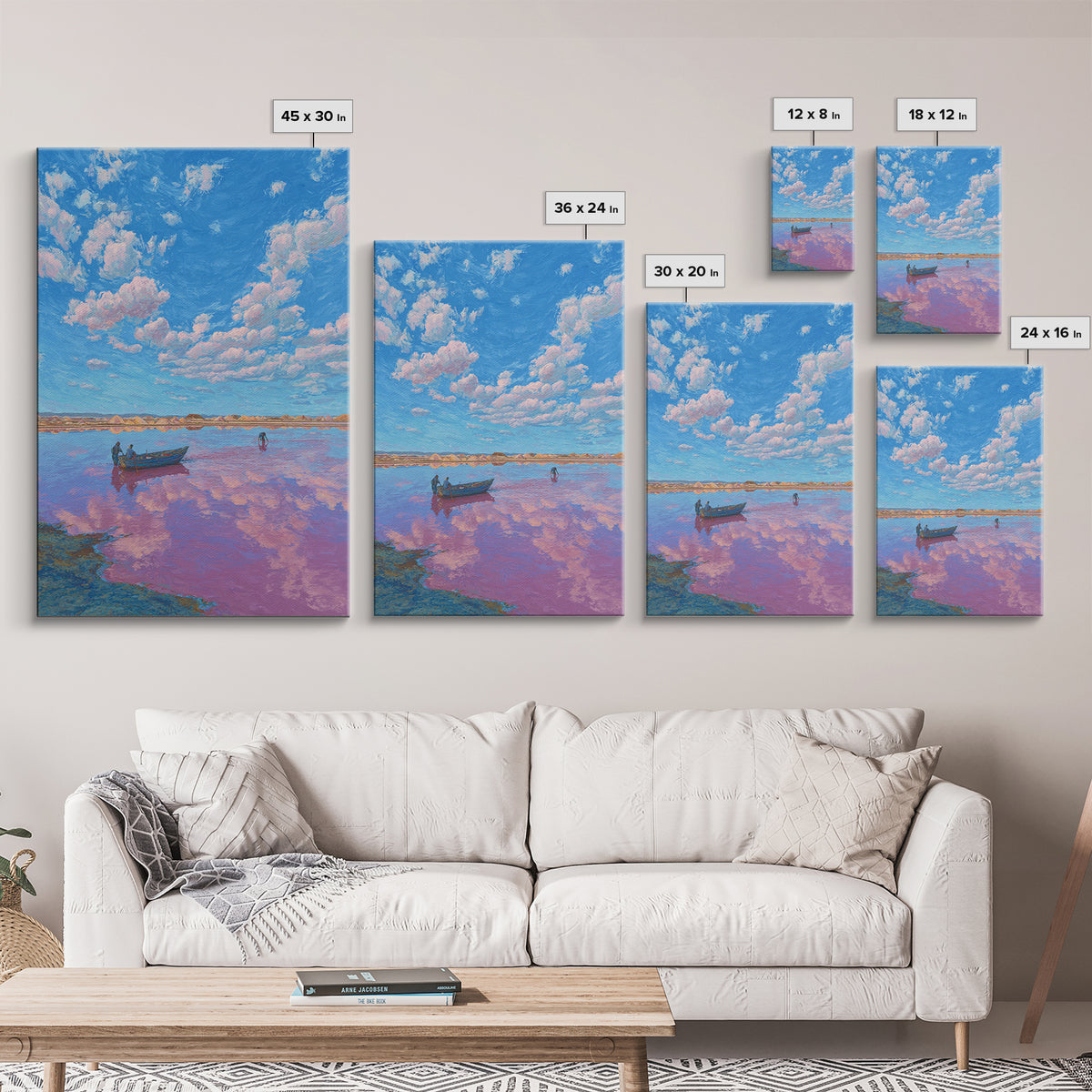 Blue Sky Pink Lake Canvas Print, African Landscape Wall Art, Boat Scene Travel Poster, Dreamy Nature Decor For Living Room
