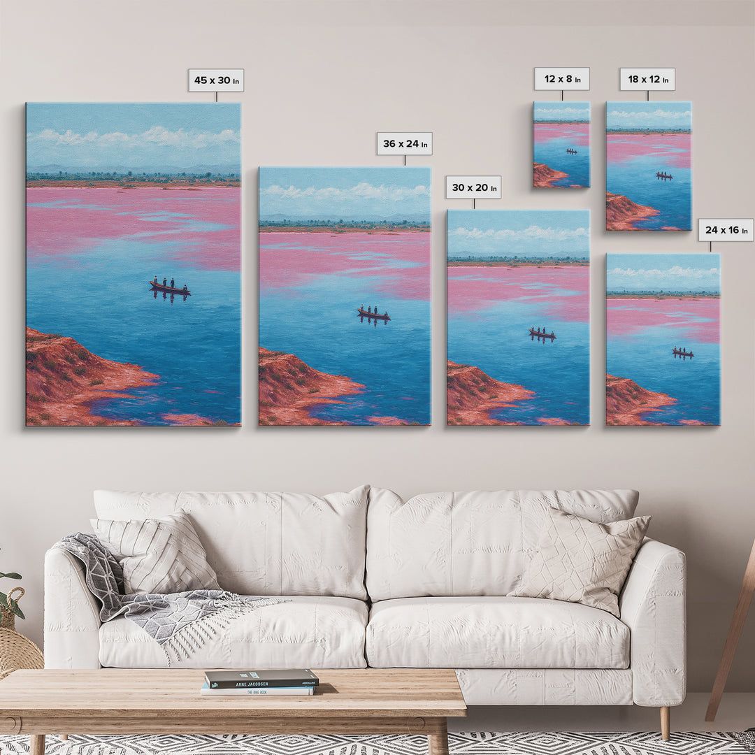 Pink Salt Lake Fishermen Boat Wall Art, African Landscape Canvas Decor, Afrocentric Travel Print, Vibrant Living Room Artwork