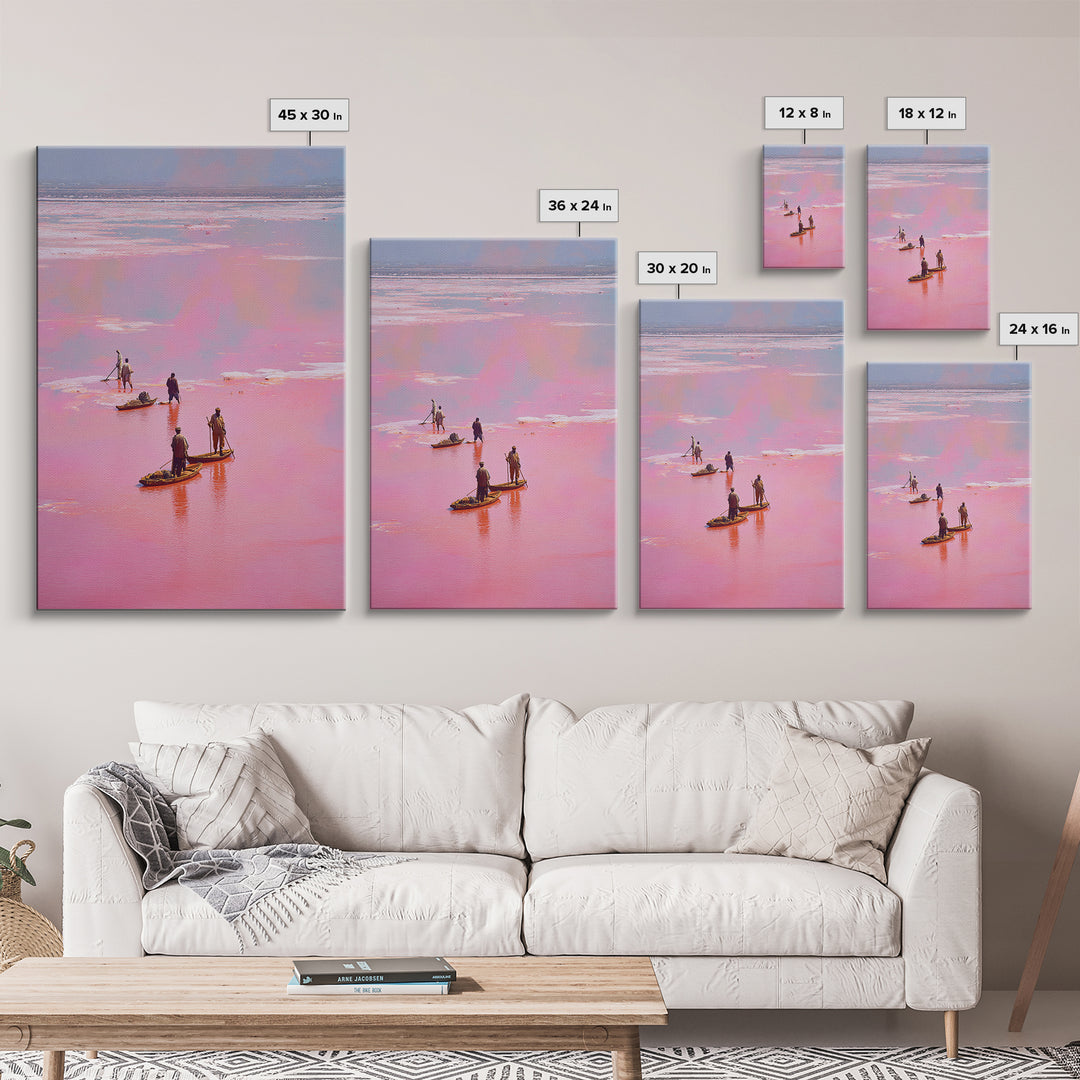 Rose Pink Salt Flats Canoes Canvas Print, African Fishermen Wall Decor, Pastel Safari Art Poster, Unique Home Decor Gift
