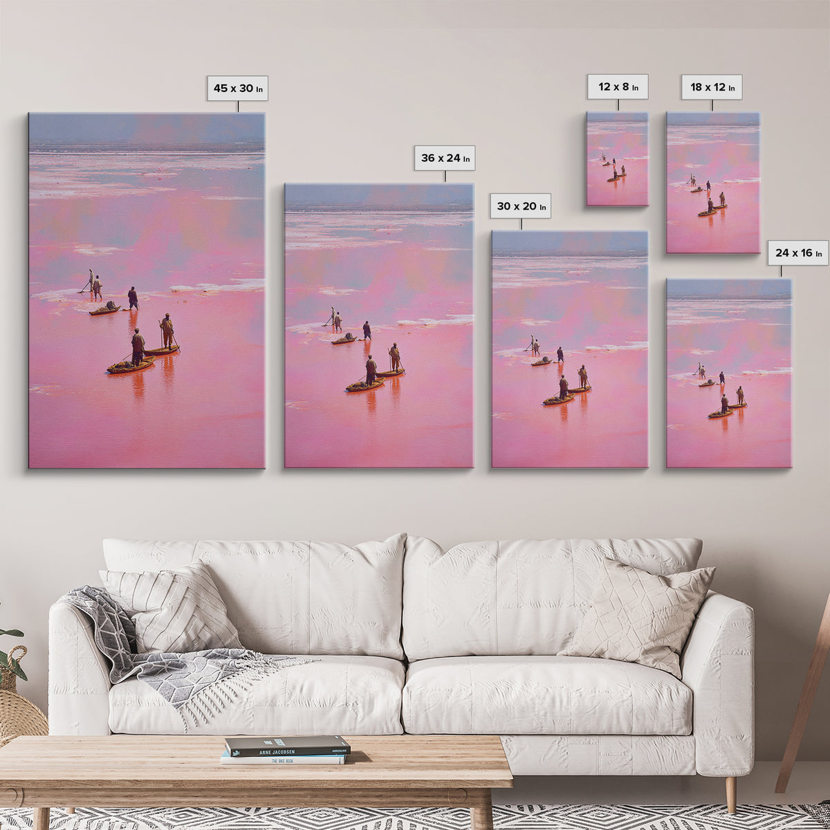 Rose Pink Salt Flats Canoes Canvas Print, African Fishermen Wall Decor, Pastel Safari Art Poster, Unique Home Decor Gift