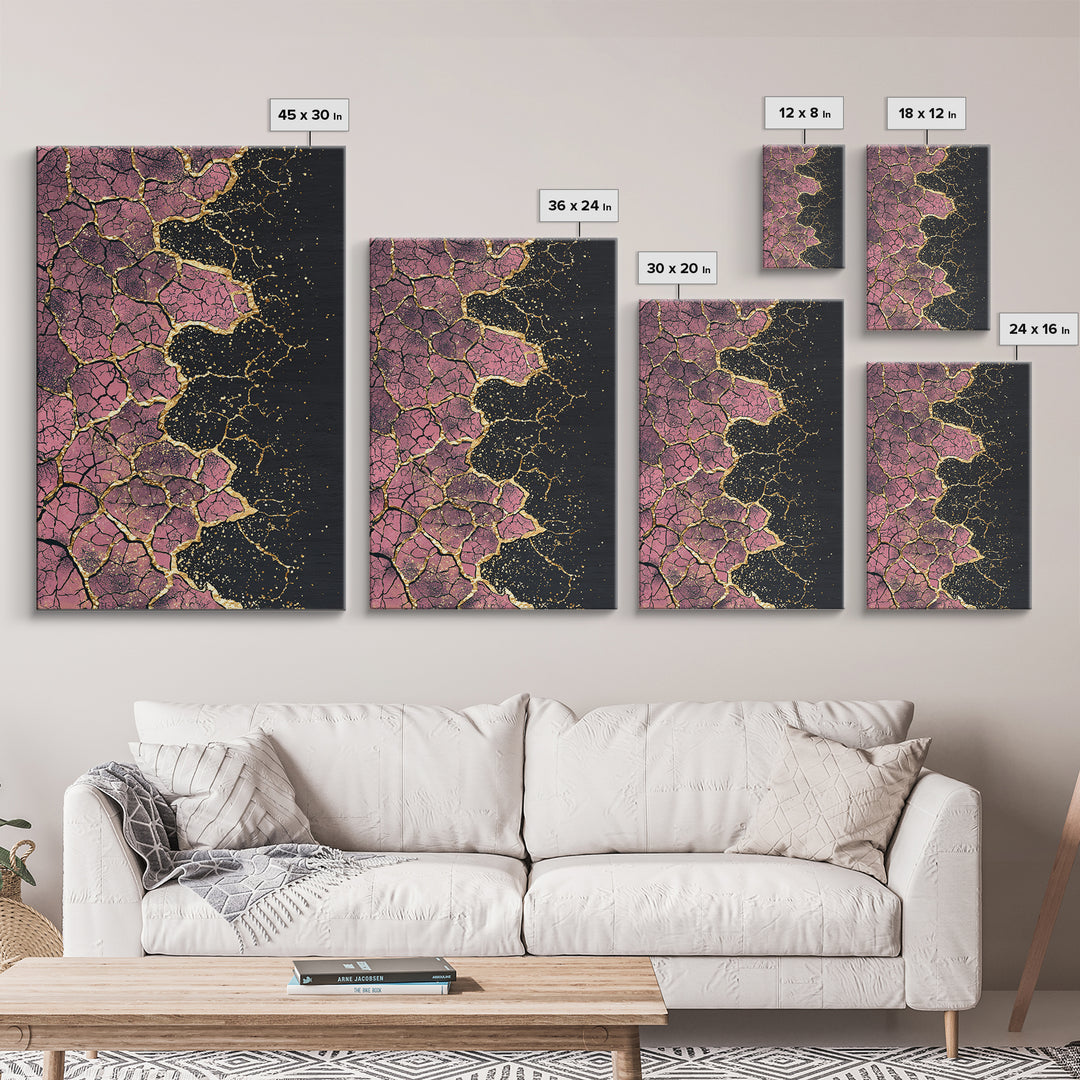 Cracked Pink Black Gold Abstract Wall Art, African Inspired Geometric Texture Print, Luxury Canvas Decor For Modern Home