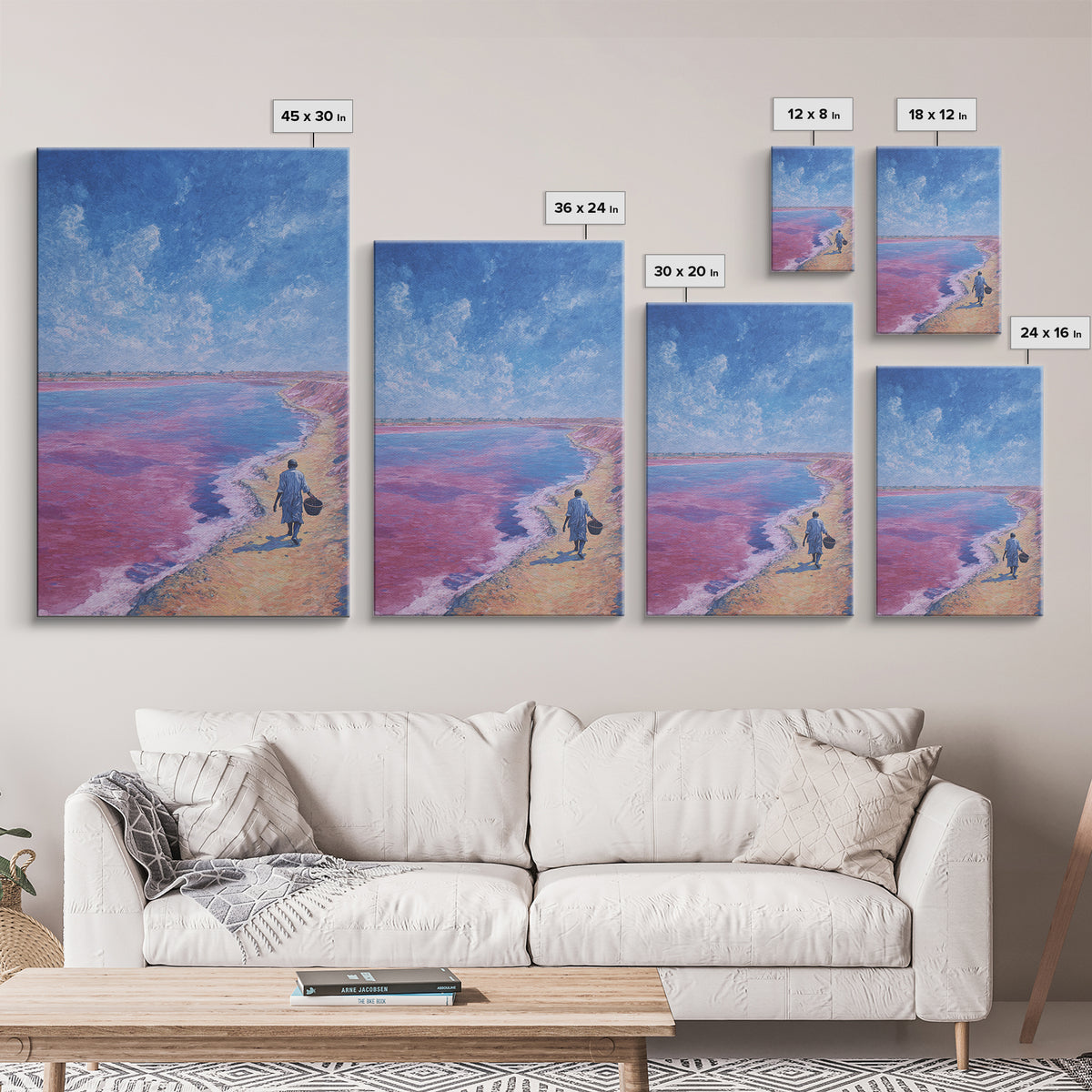 Lone Walker On Pink Shore Framed Canvas Print, African Landscape Wall Decor, Dreamy Lake Painting, Unique Travel Art Gift